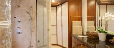 Ducha, bañera de hidromasaje, secador de pelo, toallas