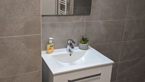 A bathroom with a white sink, a mirror, a towel rack, a plant, and a bottle of hand soap. - Vacations in the historic city center of Zittau - IO19 / 2R (Zittau)