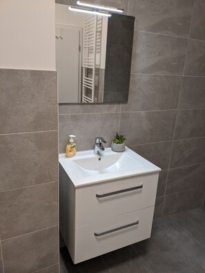 Dusche, Haartrockner, Handtücher, Toilettenpapier