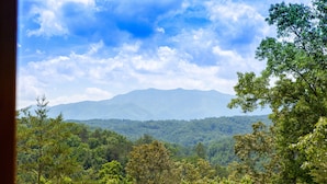 Une vue sur un paysage montagneux, avec une forêt dense et un ciel dégagé.