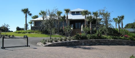 A modern house with a paved driveway, surrounded by palm trees and a landscaped garden.
