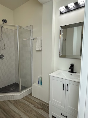 Hair dryer, towels, soap, shampoo