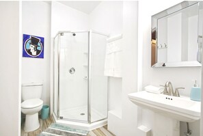 Hair dryer, towels, soap, shampoo