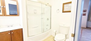 Hair dryer, towels, soap, shampoo