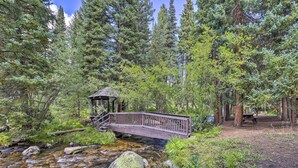 Eine Holzbrücke über einem klaren Bach in bewaldeter Landschaft, ein Picknicktisch in der Nähe.