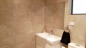 Shower, towels, toilet paper