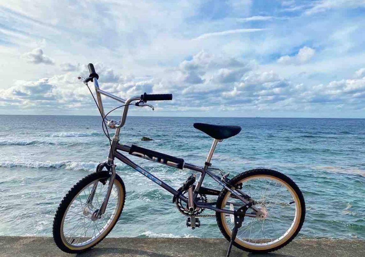 Una bicicleta estacionada junto al océano, con un cielo despejado al fondo.