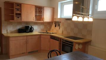 Fridge, stovetop, dishwasher, coffee/tea maker