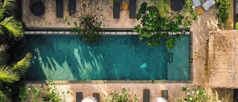 Outdoor pool, pool loungers