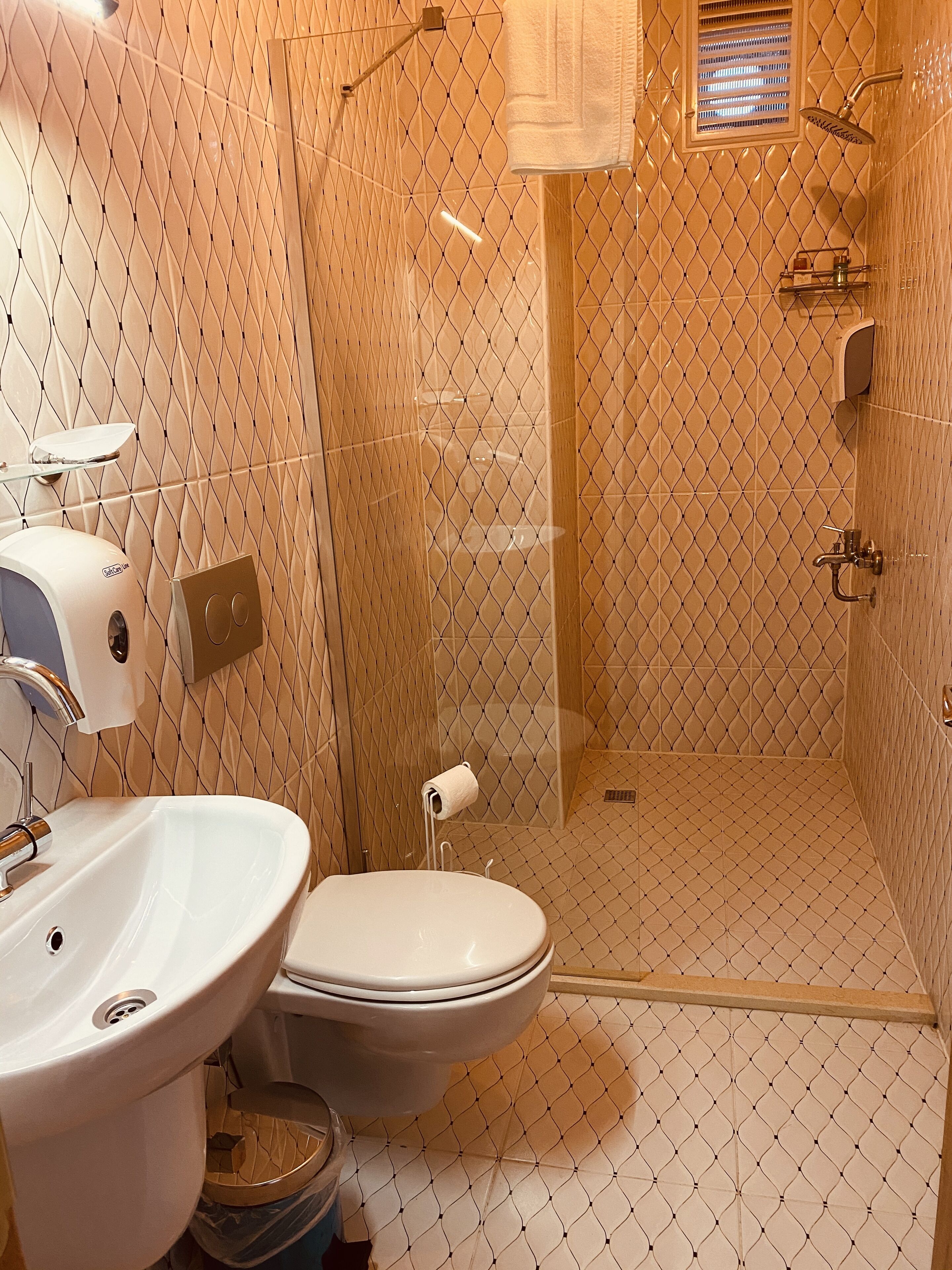A bathroom with a sink, toilet, and a walk-in shower with a glass door.