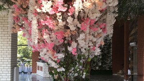 Un árbol en maceta con flores rosadas y blancas en una jardinera de ladrillo blanco.