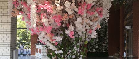 A potted flowering tree with pink and white blossoms in a white brick planter.