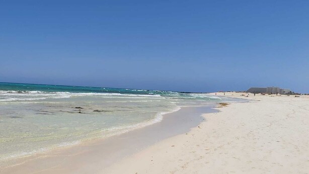 Une plage avec une eau cristalline, un rivage sablonneux et quelques bâtiments en arrière-plan.