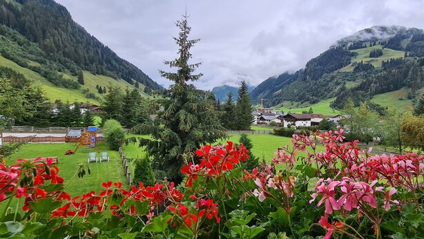 A mountainous landscape with a village, green fields, and a wooden fence. - Hotel Sonnhof (Rauris)