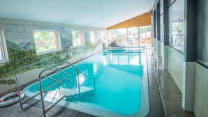 An indoor swimming pool with clear glass walls, a lifebuoy, and a view of the outdoors through large windows. - Hotel Sonnhof (Rauris)