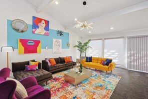 TV, fireplace, foosball, stereo