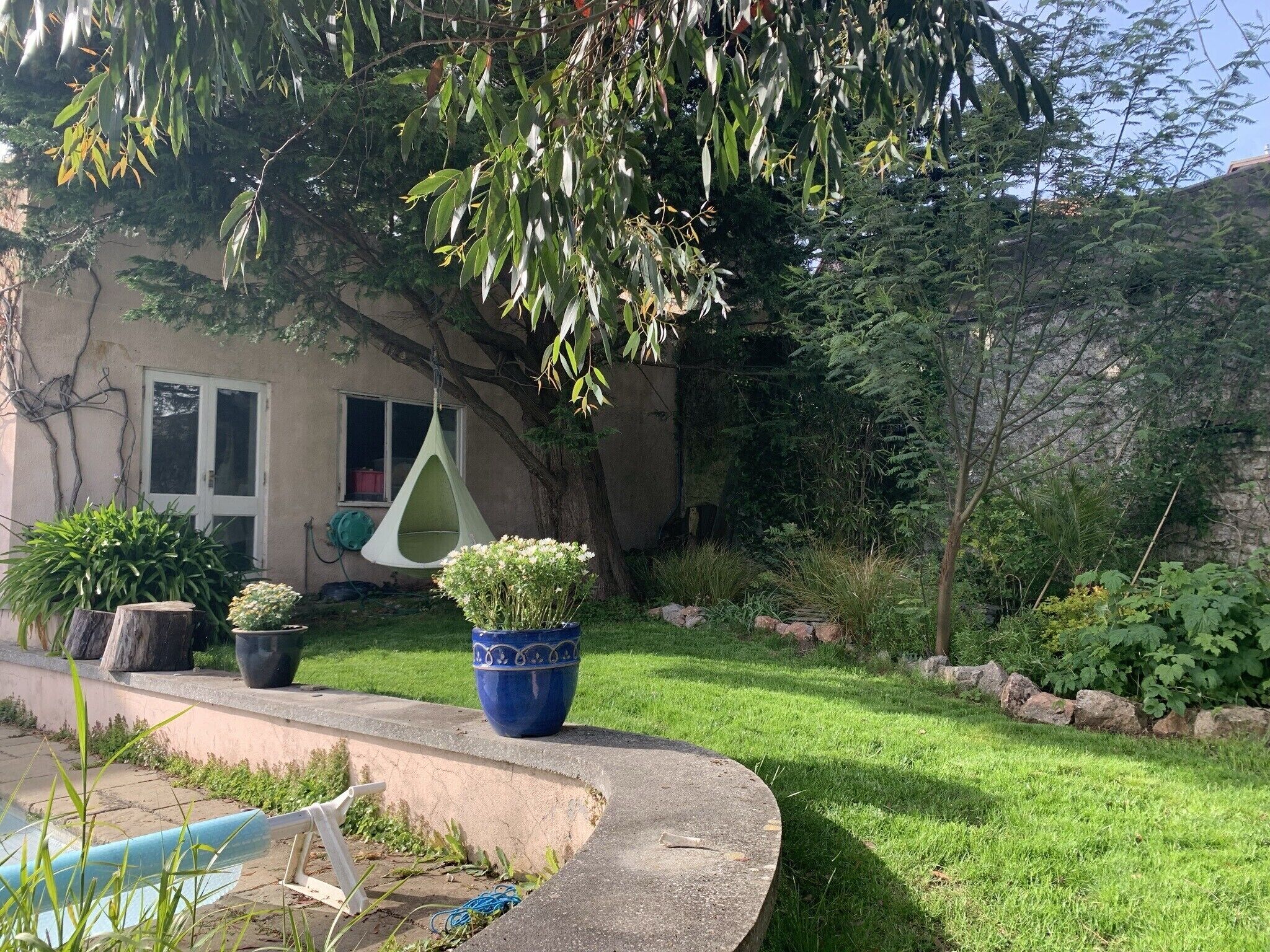Un jardin bien entretenu, agrémenté d’un fauteuil suspendu, de plantes en pot et d’une piscine.