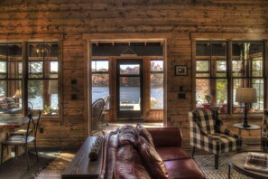 TV, fireplace, books, music library