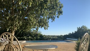 Un espacio al aire libre con sillas de metal ornamentadas y una mesita, con vistas a una piscina y un cielo despejado.