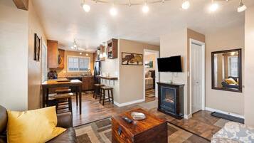 TV, fireplace, video library