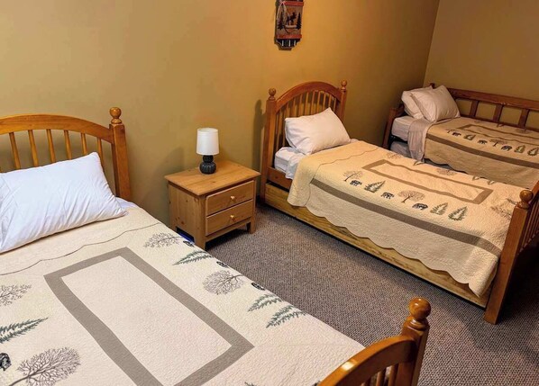A bedroom with two wooden beds, each with a white pillow and a blanket. There is a nightstand with a lamp between the beds.