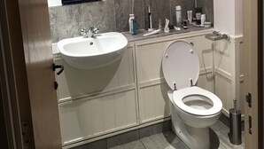 A modern bathroom with a large sink, toilet, and a mirror. - Cozy room in a riverside apartment (London)