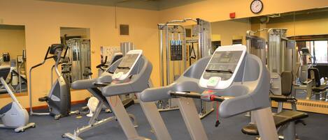 A gym with treadmills, elliptical machines, and weight machines.