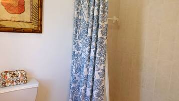 A bathroom with a toilet, a framed artwork on the wall, and a shower curtain with a blue floral pattern.