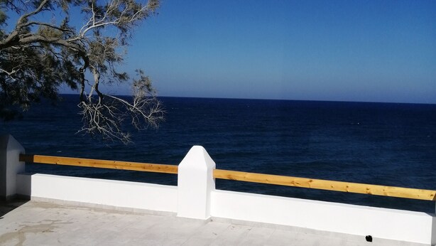 Une terrasse avec vue sur la mer, une balustrade blanche et un arbre.