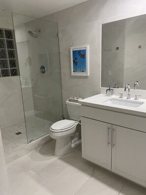 Combined shower/bathtub, hair dryer, towels, soap