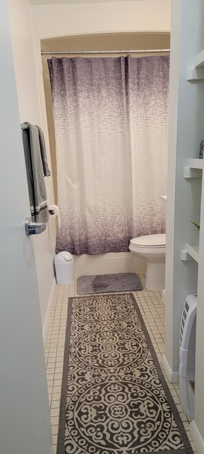 Combined shower/bathtub, hair dryer, towels, soap