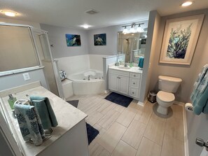 Combined shower/bathtub, jetted bath, hair dryer, towels