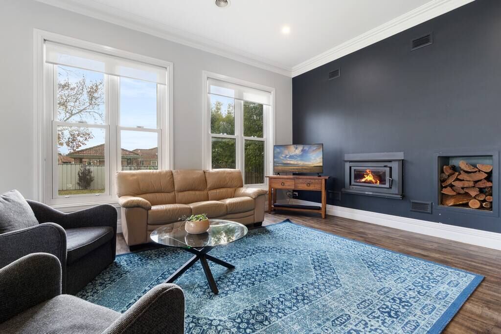 TV, fireplace, books, offices