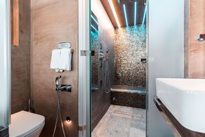 Ducha, bañera de hidromasaje, secador de pelo y bidé