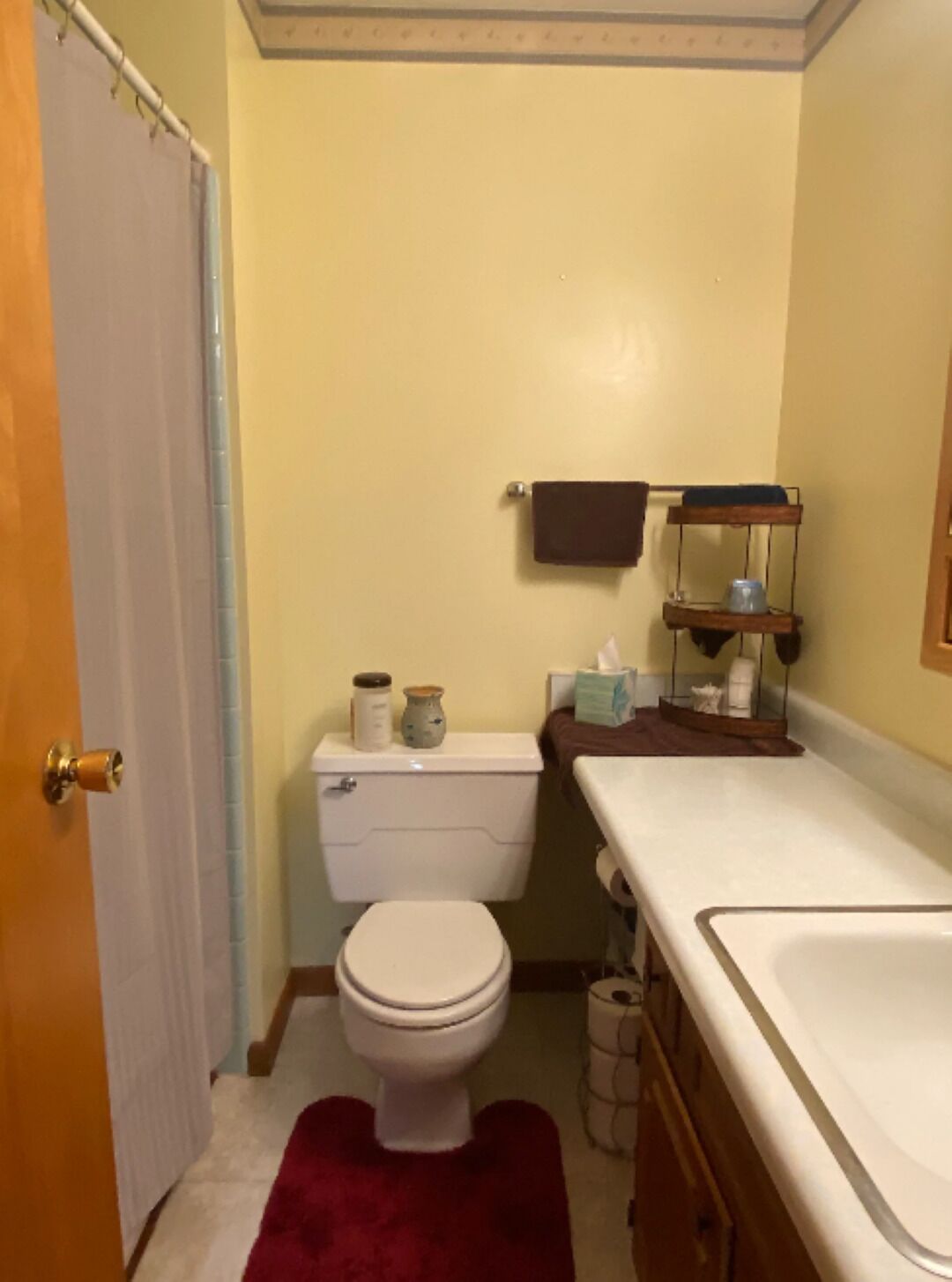 A small bathroom with a toilet, sink, and a shower curtain.