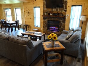 Smart TV, fireplace, DVD player, table football