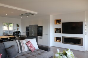 TV connectée, cheminée, livres, chaßne hi-fi