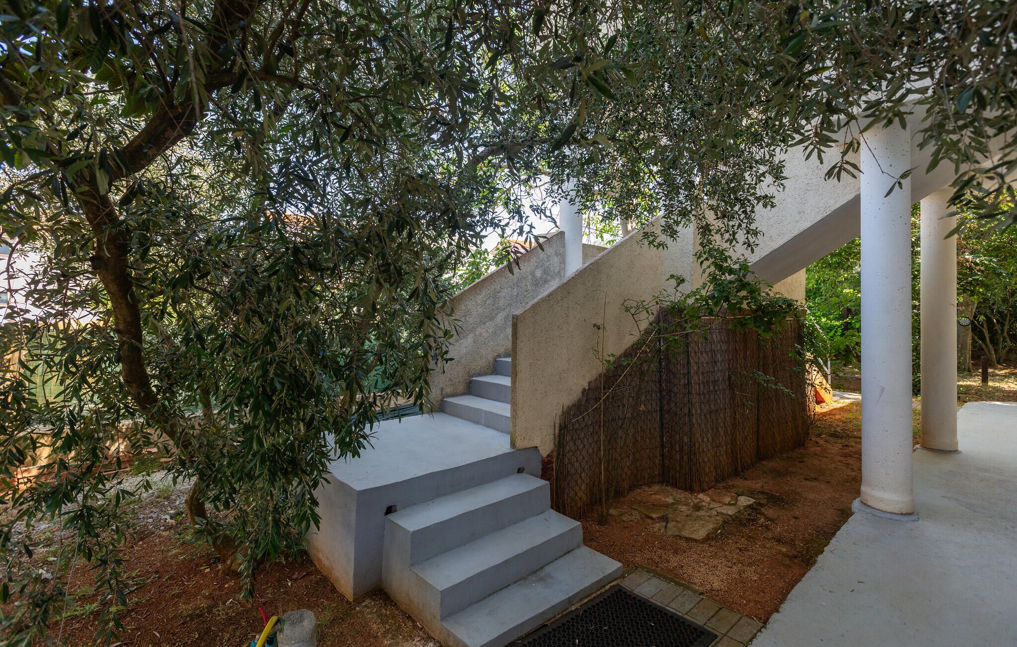 Escadaria de concreto com degraus que levam a um pilar branco, cercada por vegetação.