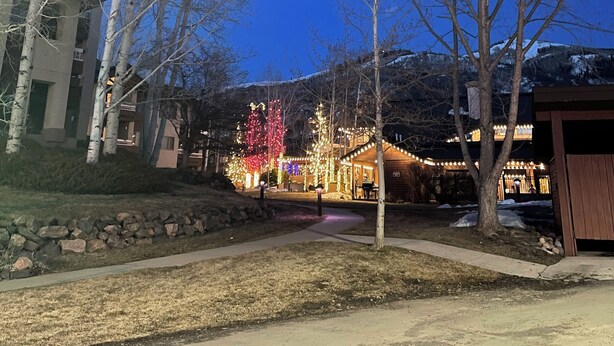 Una zona residencial con una casa, una calle bordeada de árboles y un edificio con luces navideñas.