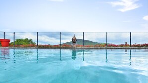 A swimming pool with a Buddha statue in the center, surrounded by a fence and red flowers. - Cozy home in Méjannes-le-Clap (Méjannes-le-Clap)