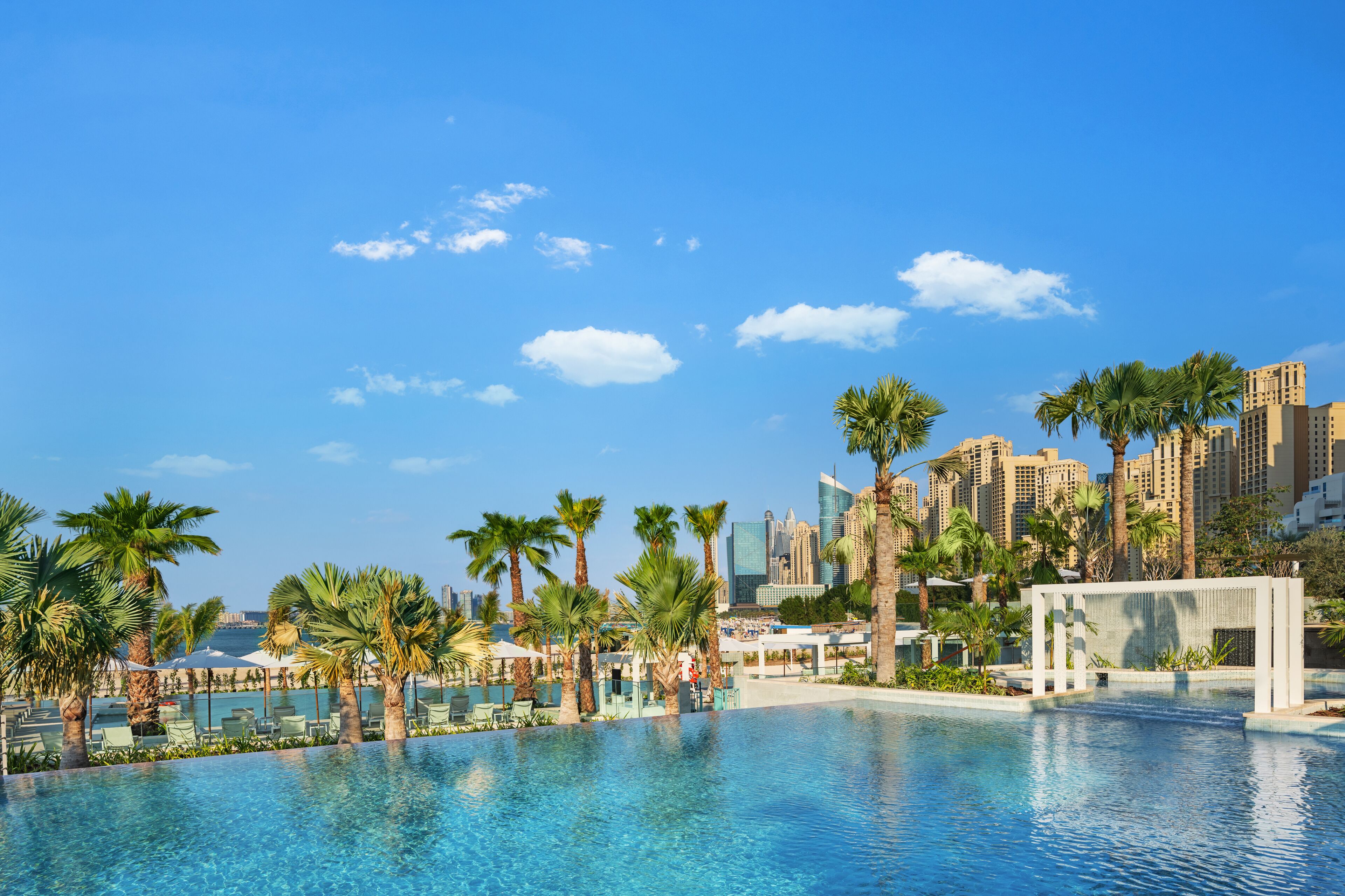 A swimming pool with palm trees and a cityscape in the background.