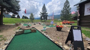 A miniature golf course with a green putting surface, obstacles, and a sign with rules.