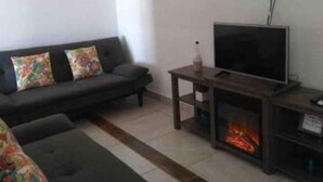 Un salon avec un canapé de couleur sombre, un téléviseur à écran plat posé sur un meuble en bois et une cheminée.
