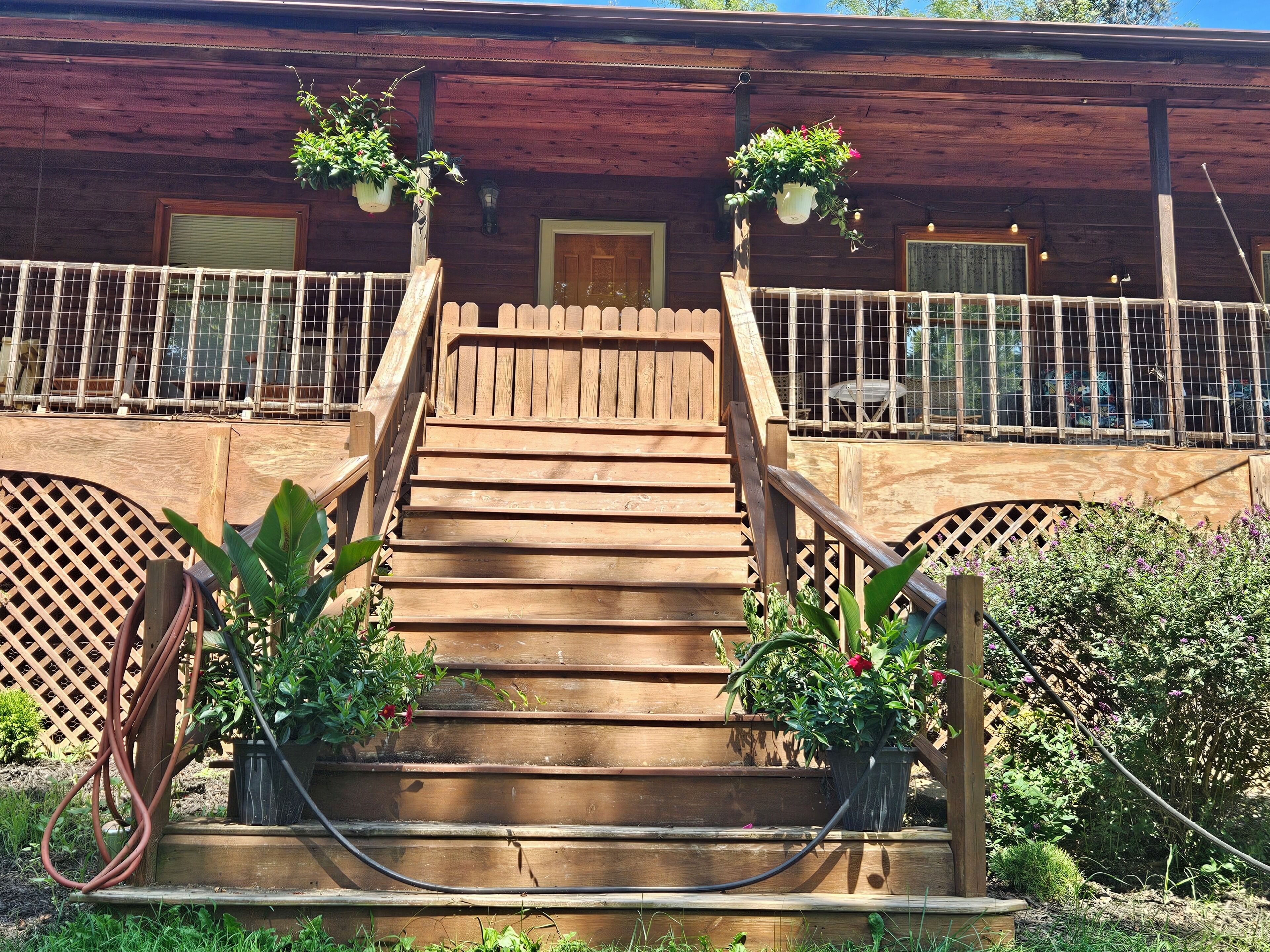 A wooden staircase leading to a wooden building with a lattice fence and potted plants.