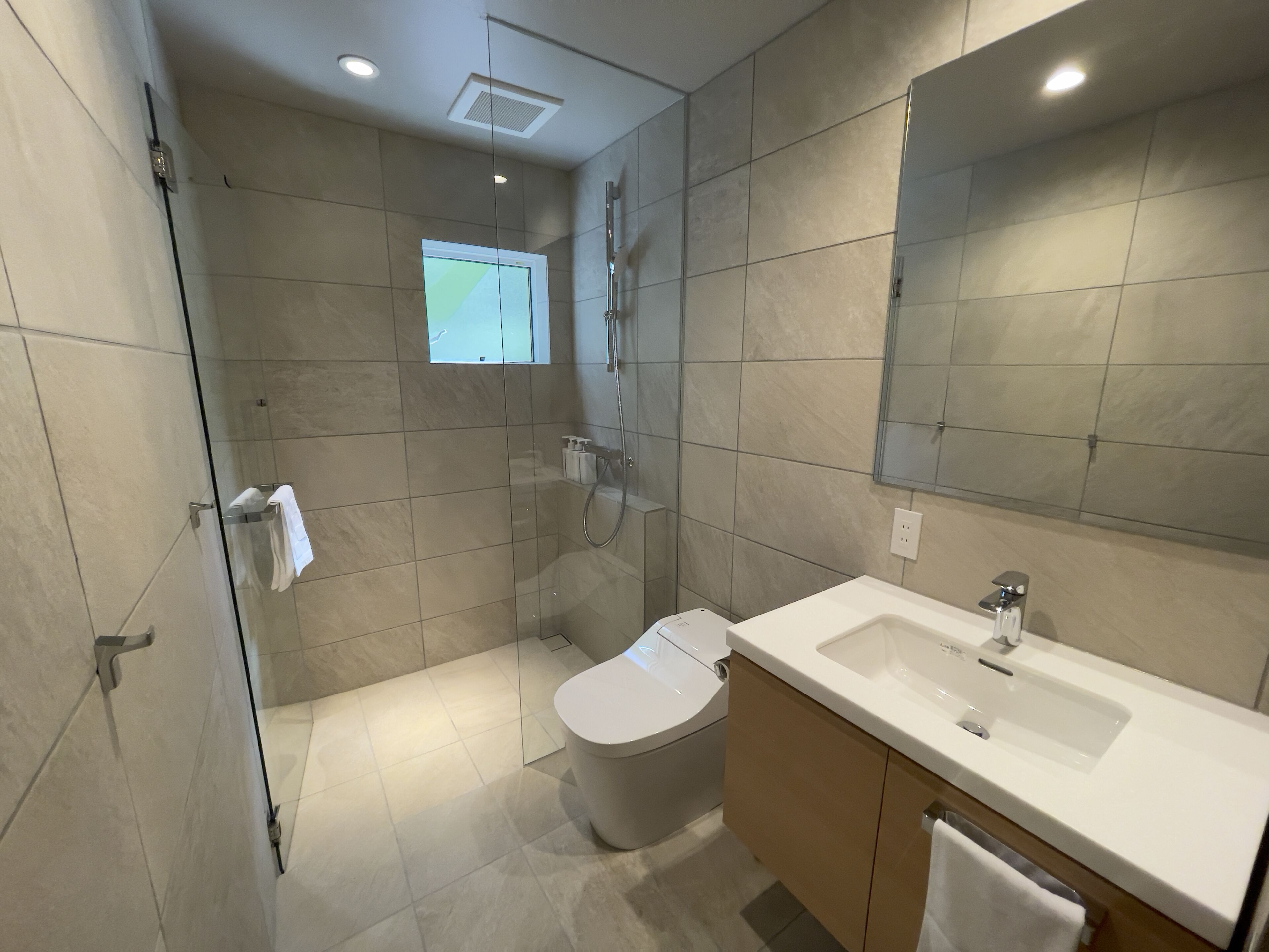 A modern bathroom with a glass shower enclosure, a toilet, and a sink with a mirror above it.