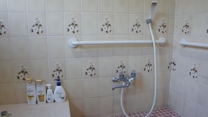 A bathroom with beige tiles, a shower with a handheld showerhead, and a white grab bar. There are three bottles of Dove body wash on the counter. - Guest House MEETS Okayama (Okayama)