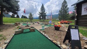 Un parcours de mini-golf avec un tapis vert pour les putts, des obstacles et un panneau indiquant les règles.