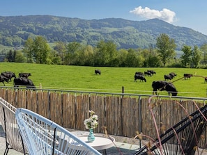 A view of a green field with cows, a wooden fence, and a table with chairs.