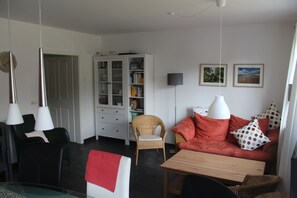 TV, fireplace, DVD player, books