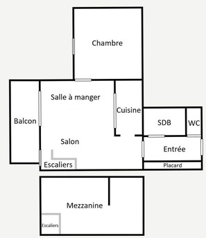 Un plan d’étage comprenant un salon, une salle à manger, une cuisine, une salle de bain et un balcon.